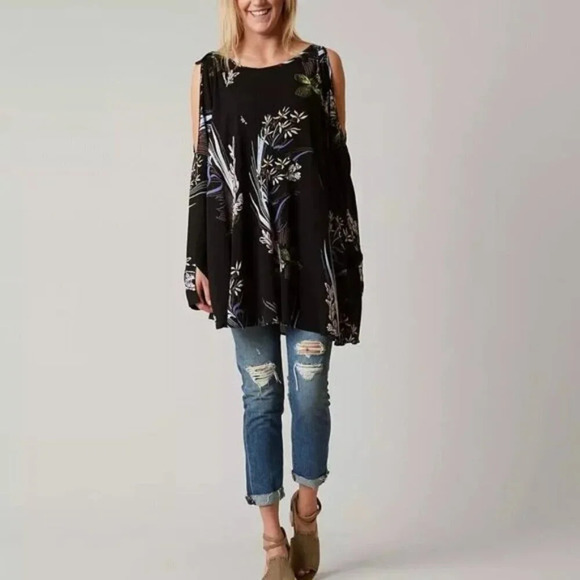 Free People Clear Skies Printed Cold Shoulder Tunic Floral Black Women's Medium - Picture 4 of 14